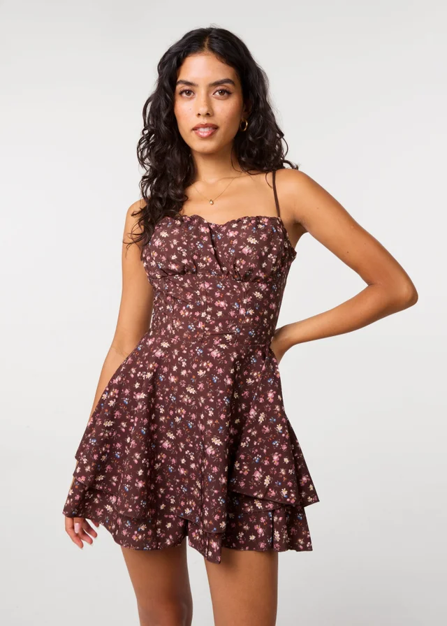 Pink Vanilla Brown Print Ditsy Floral Bra Cup Dress