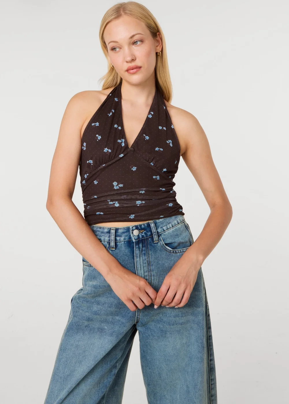 Pink Vanilla Brown Floral Polka Dot Mesh Halter Top - L Image 1
