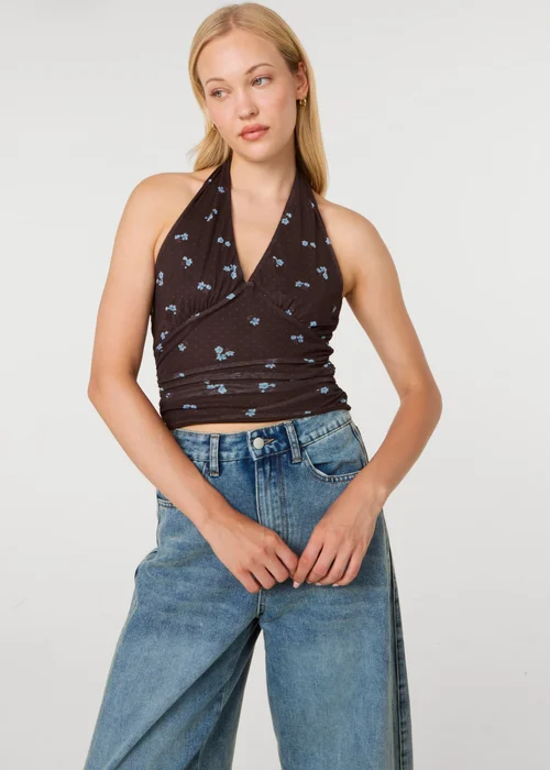 Pink Vanilla Brown Floral Polka Dot Mesh Halter Top - L Image 1