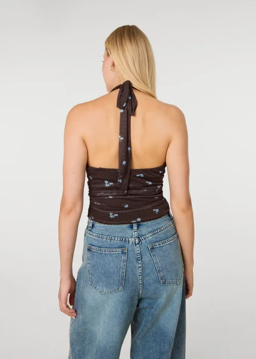 Pink Vanilla Brown Floral Polka Dot Mesh Halter Top - L Image 4