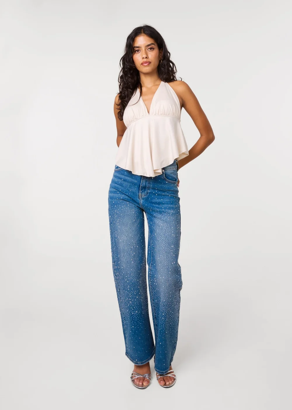 Pink Vanilla Blue Washed Diamante Scatter Wide Leg Jeans - 8 Image 1