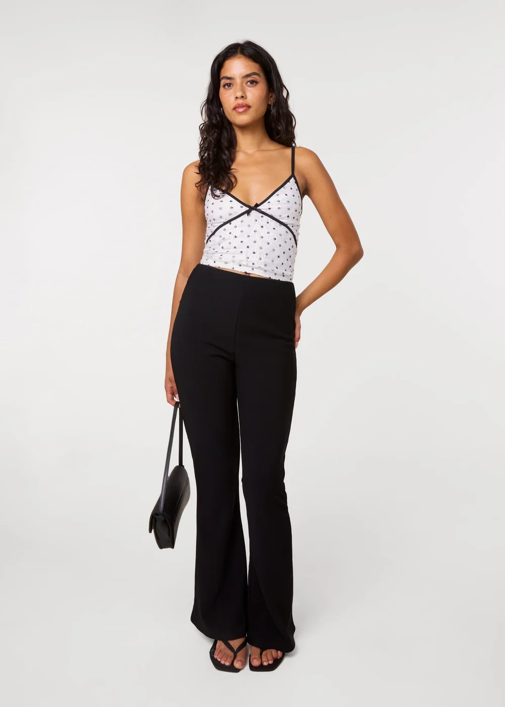 Pink Vanilla Black Fine Rib Stretch Flare Trousers - L Image 1