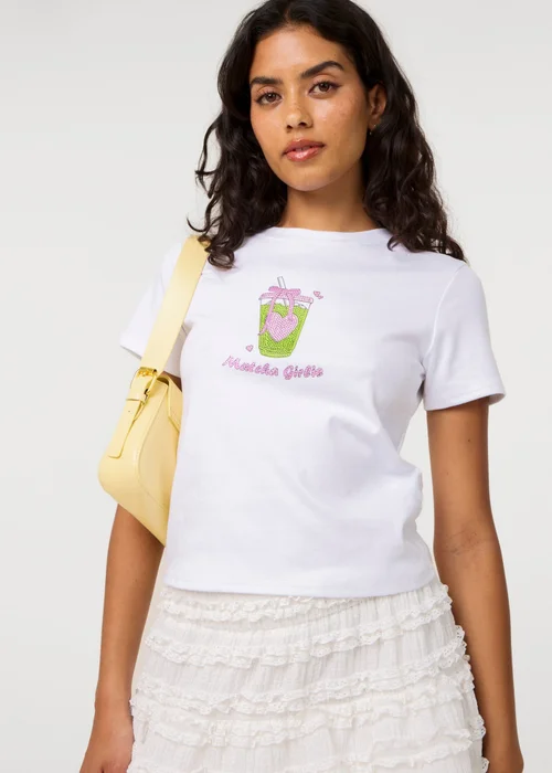 Pink Vanilla White Matcha Girlie Diamante T-Shirt - M/L Image 3
