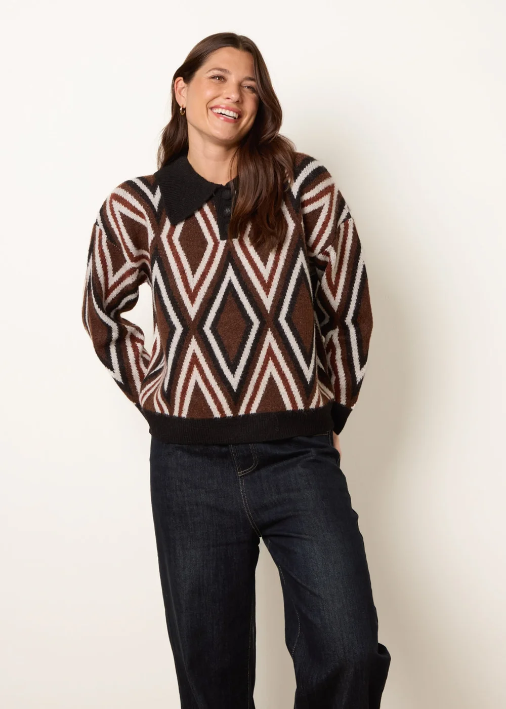 Blue Vanilla Multi Diamond Knit Polo Jumper - M/L Image 1