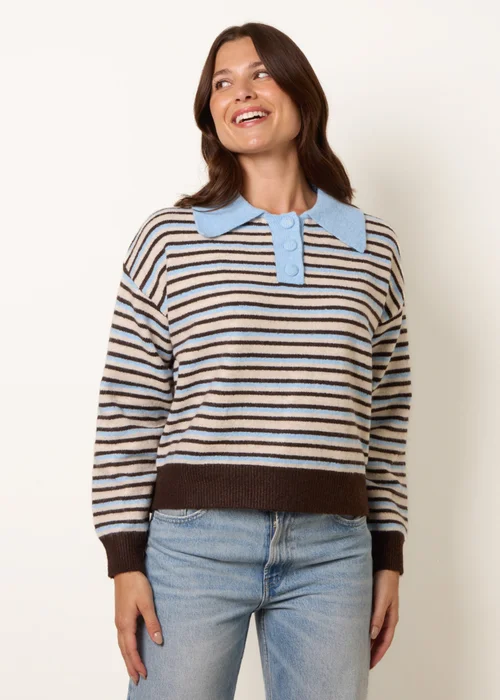 Blue Vanilla Beige Stripe Knit Polo Jumper - M/L Image 1
