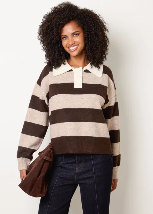 Blue Vanilla Brown Stripe Knit Polo Jumper - M/L Image 1