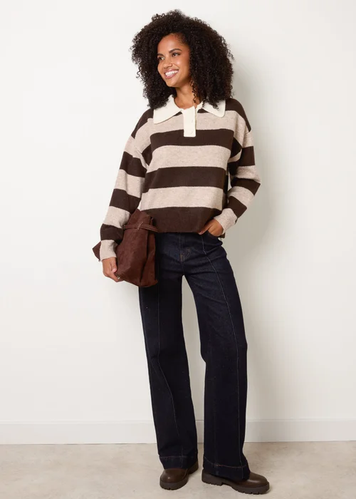 Blue Vanilla Brown Stripe Knit Polo Jumper - M/L Image 2