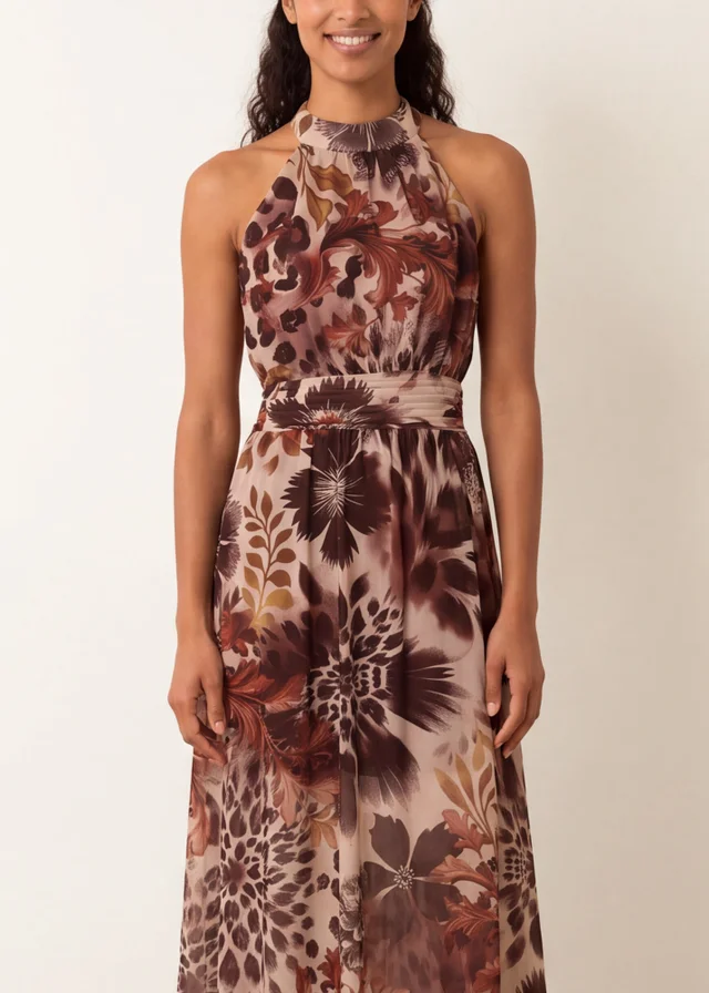 Blue Vanilla Multi Georgette Printed Halterneck Occasion Dress