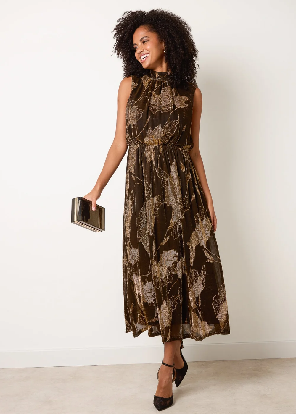 Blue Vanilla Tan High Neck Jacquard Midi Dress - M Image 1
