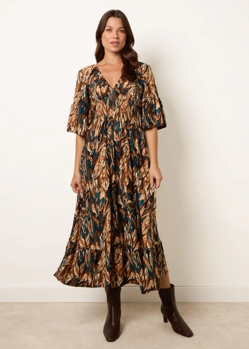 Blue Vanilla Brown Elasticated Shirred Waist V Neck Midi Dress - M/L Image 3