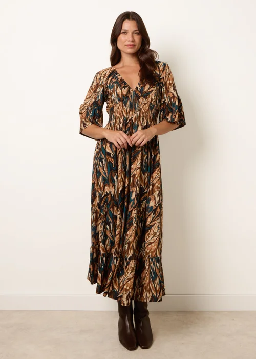 Blue Vanilla Brown Elasticated Shirred Waist V Neck Midi Dress - M/L Image 1
