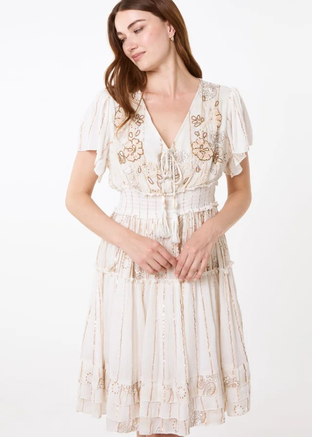 Blue Vanilla Beige Embellished Tiered Mini Dress