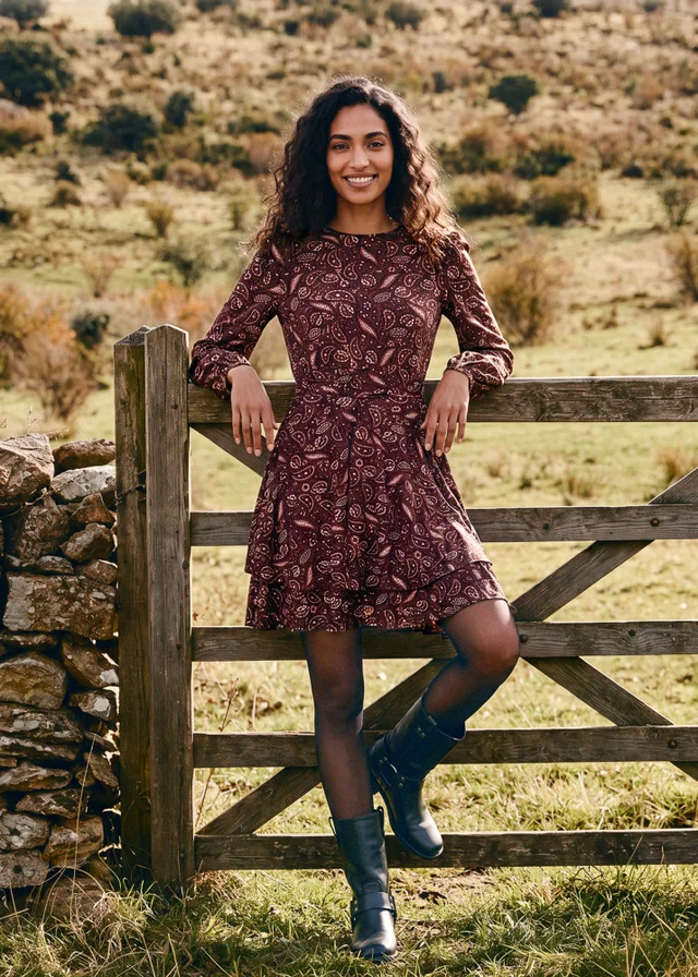 Blue Vanilla Brown Crew Neck Double Frill Mini Dress