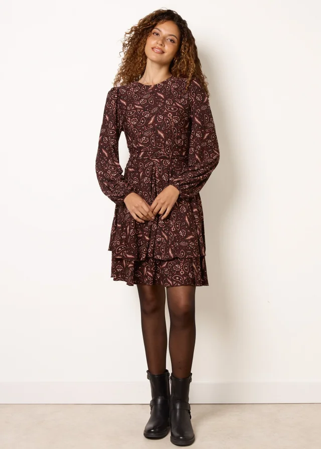 Blue Vanilla Brown Crew Neck Double Frill Mini Dress