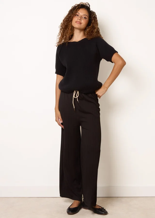 Blue Vanilla Black Ribbed Wide Leg Trousers