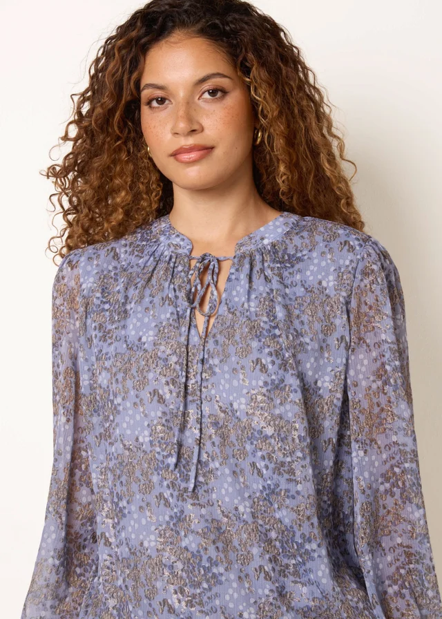 Blue Vanilla Blue Metallic Leopard Print Tie Neck Puff Ball Blouse