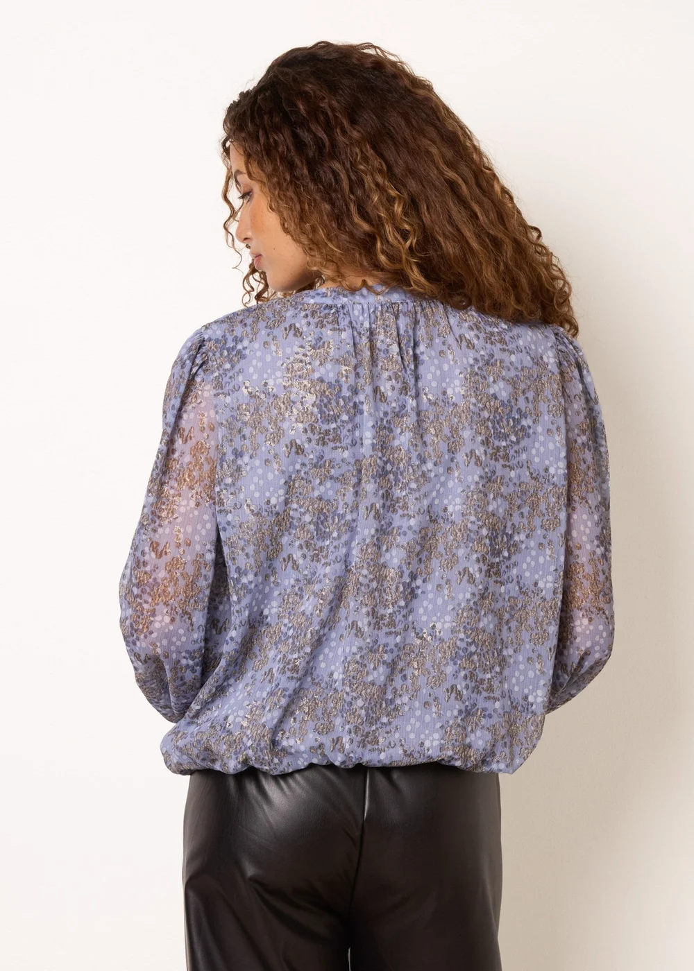Blue Vanilla Blue Metallic Leopard Print Tie Neck Puff Ball Blouse - L Image 4
