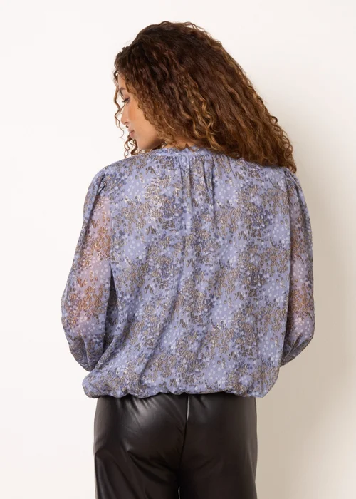Blue Vanilla Blue Metallic Leopard Print Tie Neck Puff Ball Blouse - L Image 4