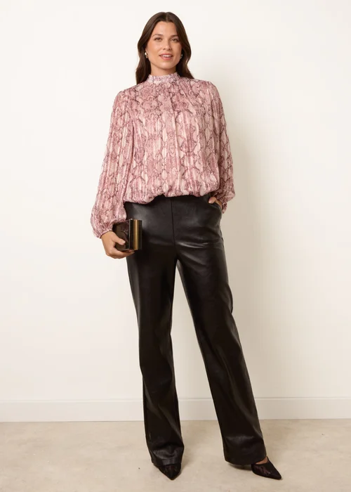 Blue Vanilla Pink Rhinestone Snake High Neck Puff Ball Blouse - M Image 2