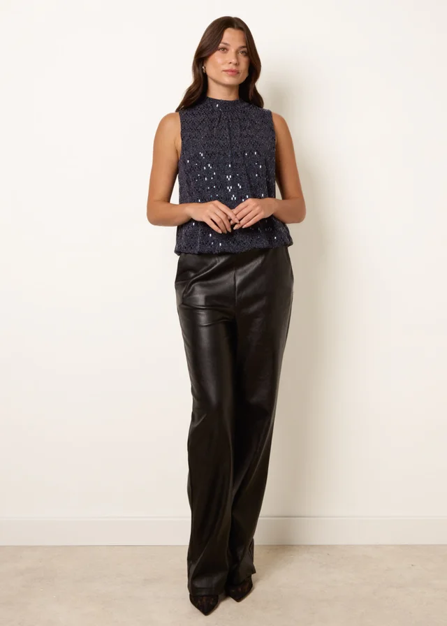 Blue Vanilla Navy High Neck Metallic Puff Ball Blouse