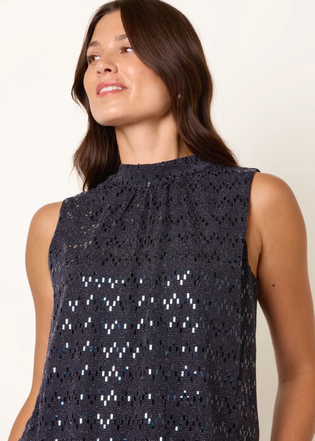 Blue Vanilla Navy High Neck Metallic Puff Ball Blouse