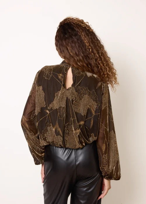 Blue Vanilla Tan Metallic Floral High Neck Puff Ball Blouse - S Image 4