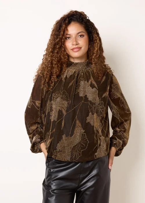Blue Vanilla Tan Metallic Floral High Neck Puff Ball Blouse - S Image 1