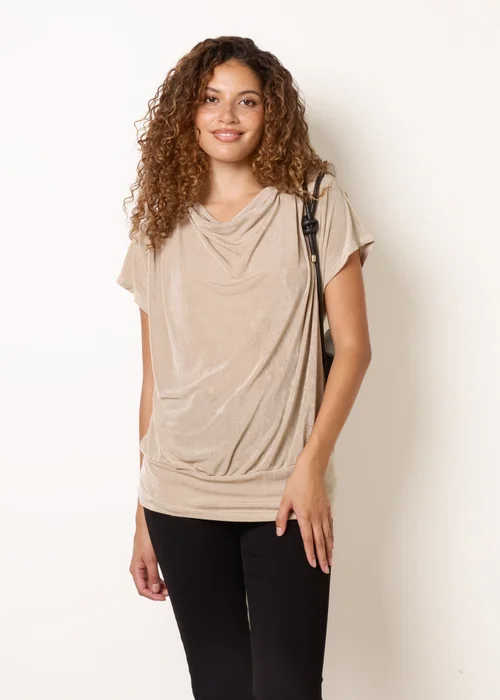 Blue Vanilla Beige Draped Cowl Neck Deep Hem Top - S/M Image 2