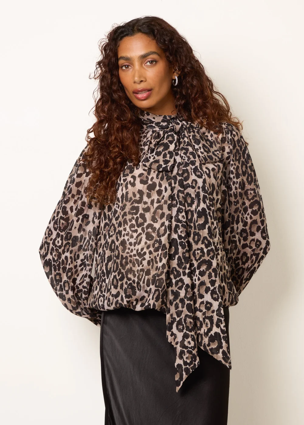 Blue Vanilla Brown Leopard Diamante Tie Neck Puffball Blouse - M Image 1