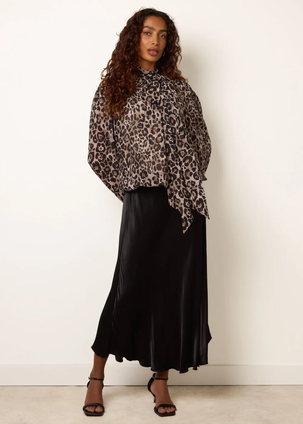Blue Vanilla Brown Leopard Diamante Tie Neck Puffball Blouse - M Image 2