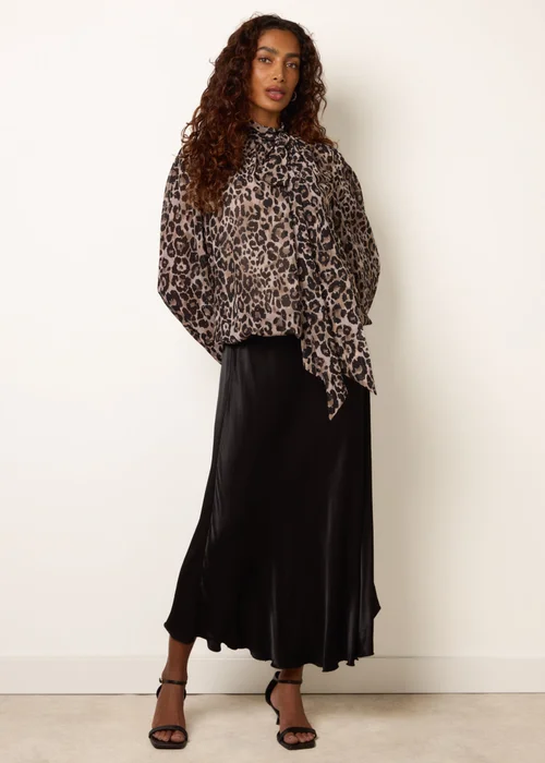 Blue Vanilla Brown Leopard Diamante Tie Neck Puffball Blouse - M Image 2