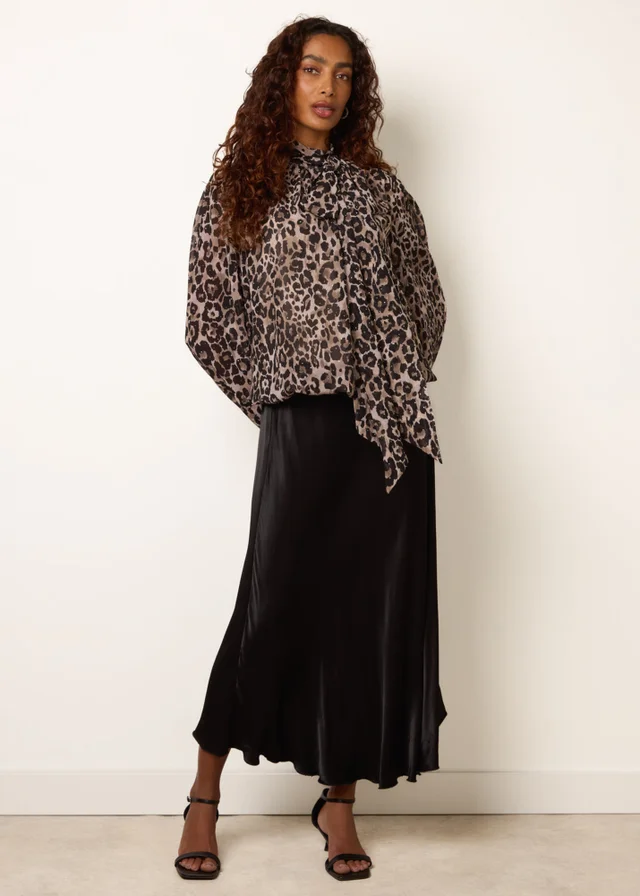 Blue Vanilla Brown Leopard Diamante Tie Neck Puffball Blouse