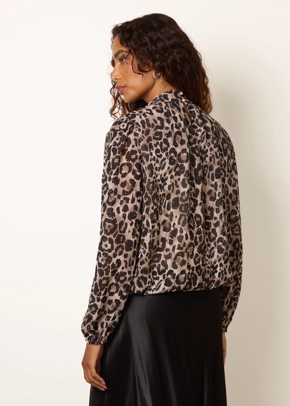 Blue Vanilla Brown Leopard Diamante Tie Neck Puffball Blouse - M Image 4