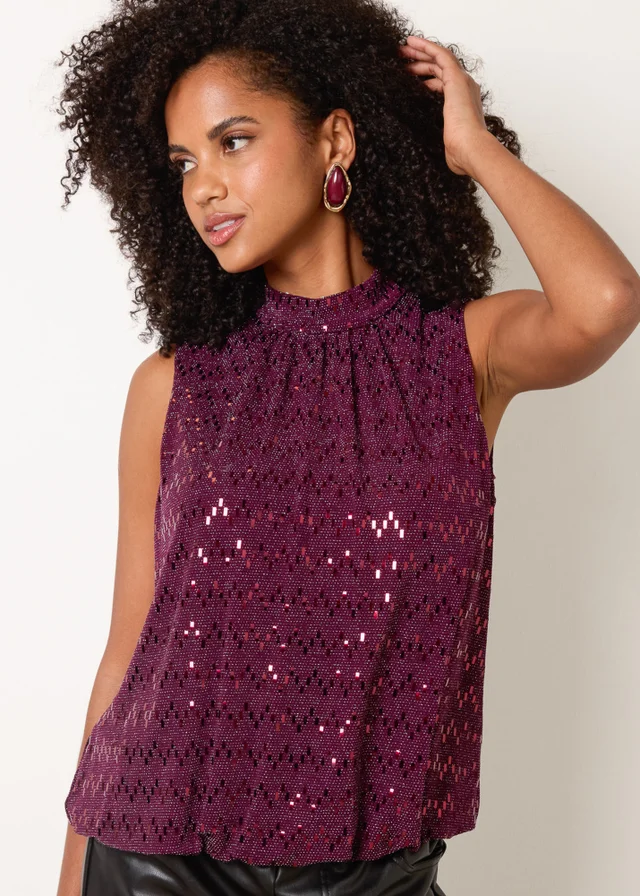 Blue Vanilla Red High Neck Metallic Puff Ball Blouse