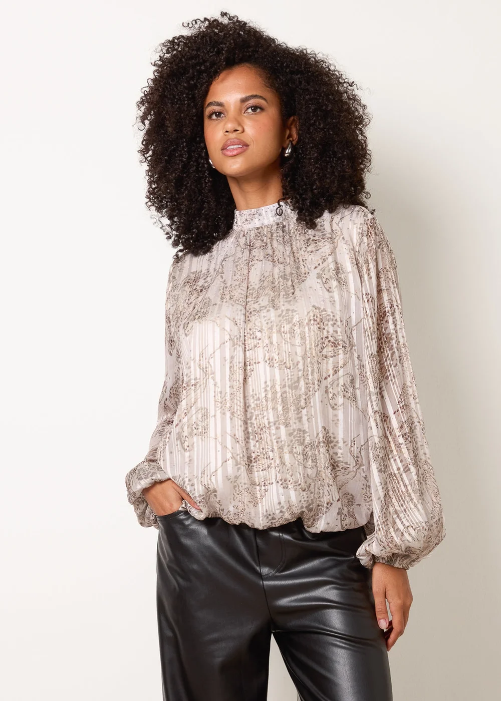 Blue Vanilla Beige Rhinestone Snake Puff Ball Blouse - S Image 3
