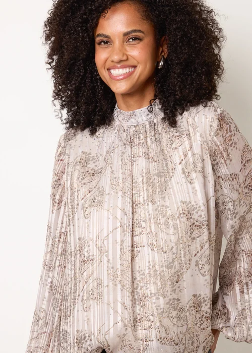 Blue Vanilla Beige Rhinestone Snake Puff Ball Blouse - S Image 1