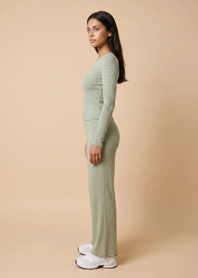 Urban Bliss Khaki Ribbed Stripe Wide Leg Trouser