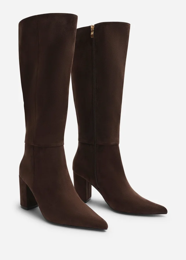Where's That From Evixa Dark Brown Knee High Pointed Toe Block Heel Boot