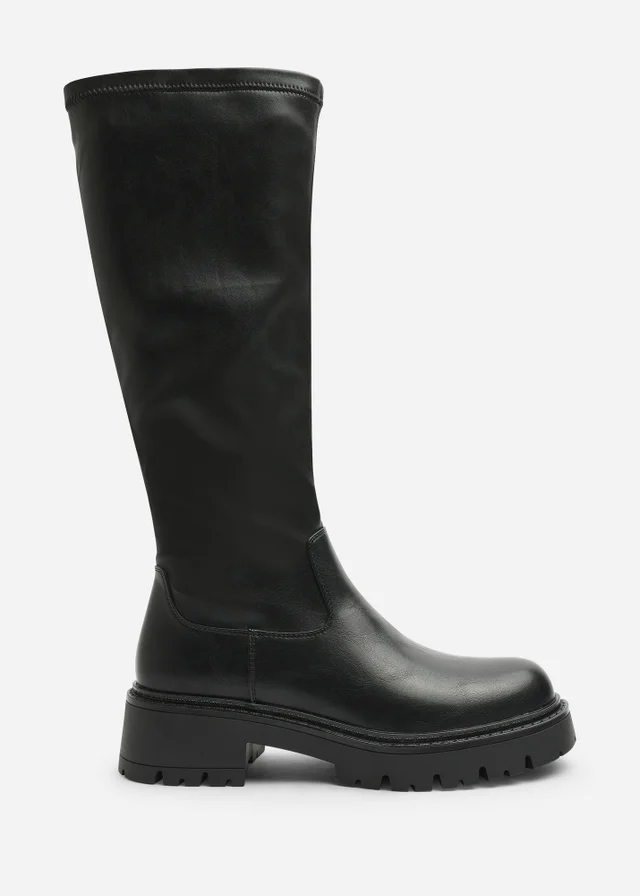 Where's That From Elvane Black PU Stretch Chunky Knee High Sock Boot