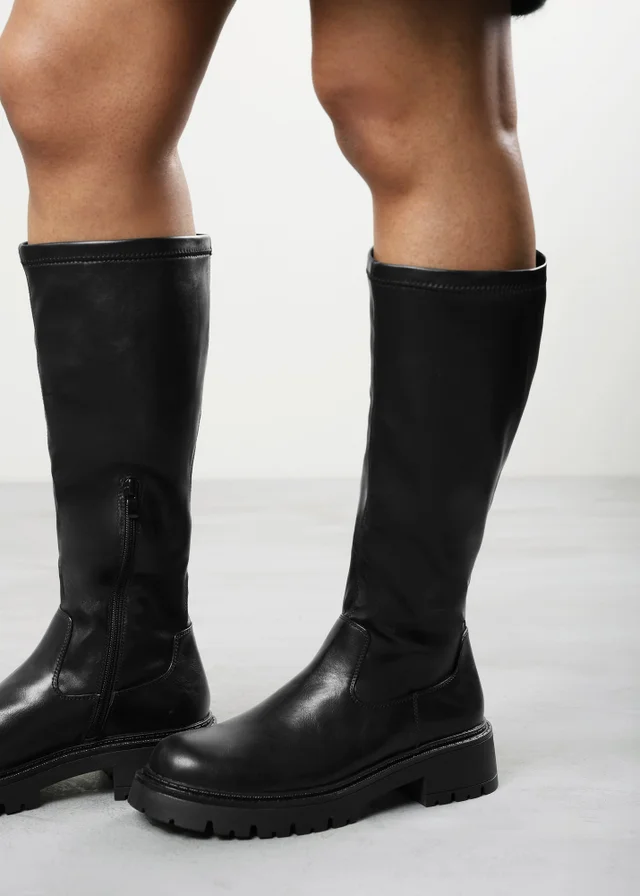 Where's That From Elvane Black PU Stretch Chunky Knee High Sock Boot