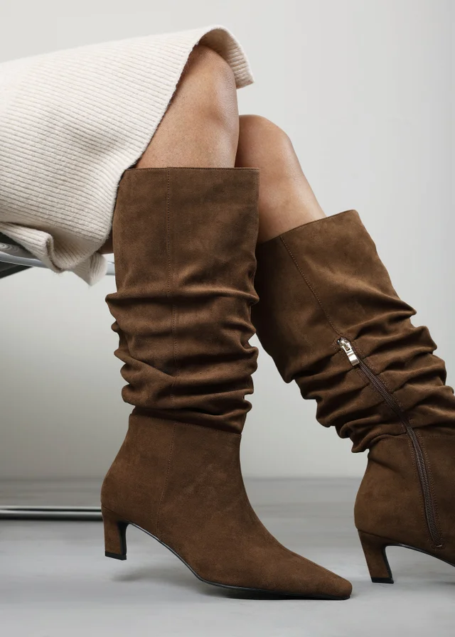 Where's That From Kensley Warm Brown Ruched Slouch Knee High Snipped Toe Boot