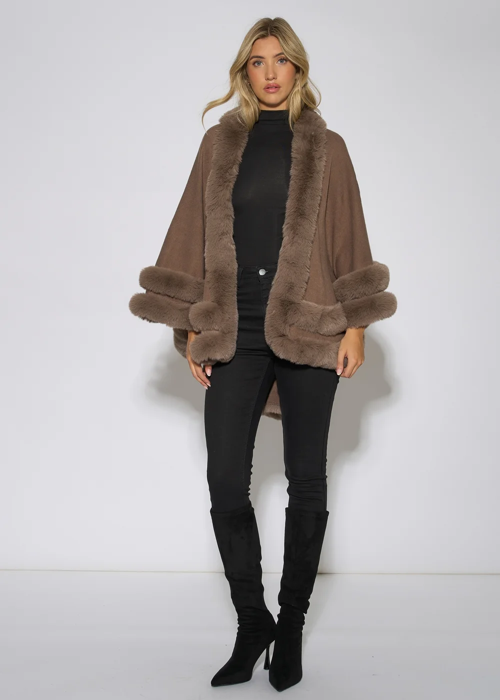 Gini London Brown Double Layer Fur Trim Cape - L/XL Image 1