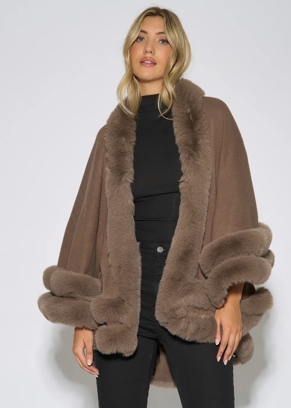 Gini London Brown Double Layer Fur Trim Cape - L/XL Image 3