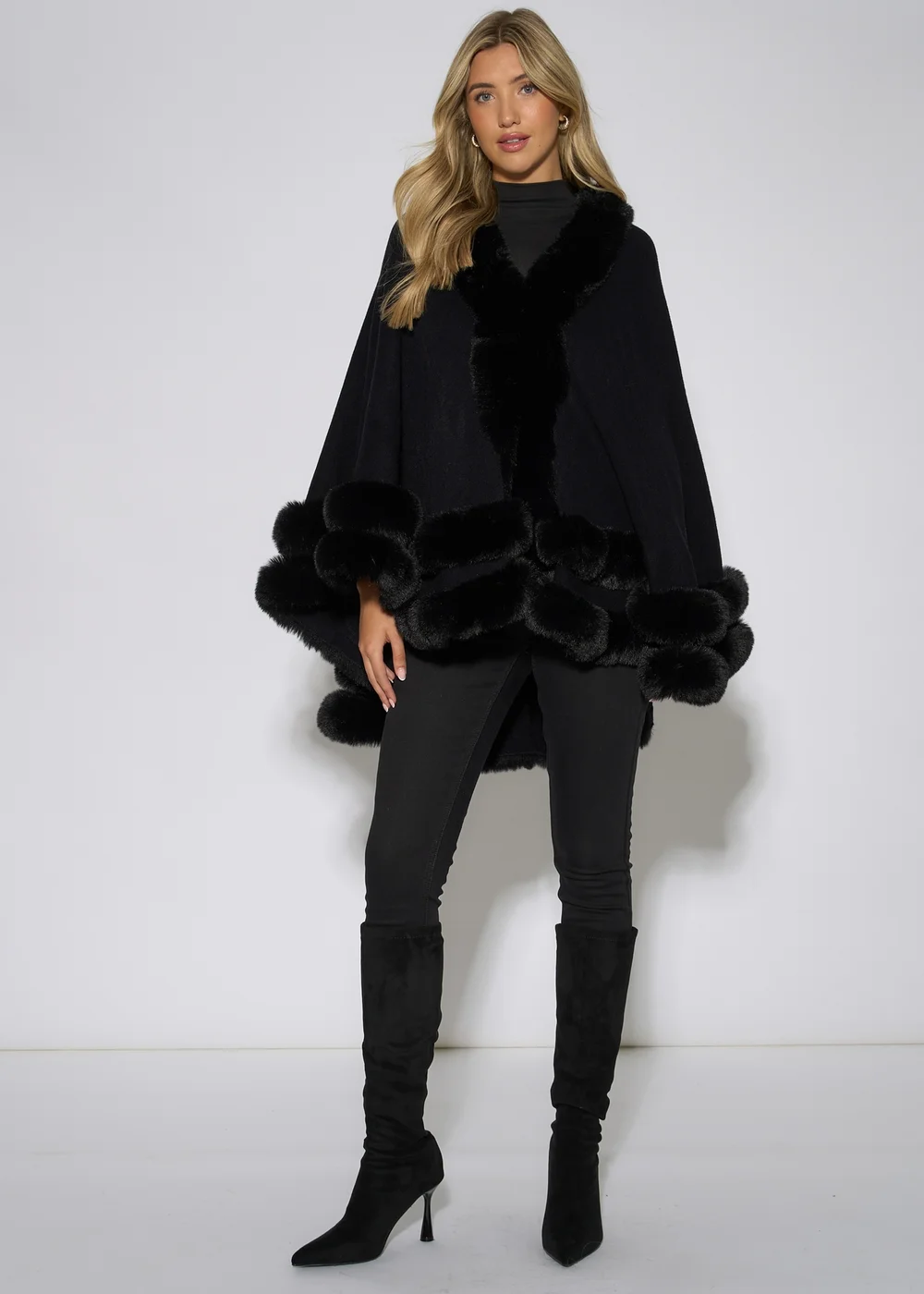 Gini London Black Double Layer Fur Trim Cape - L/XL Image 1