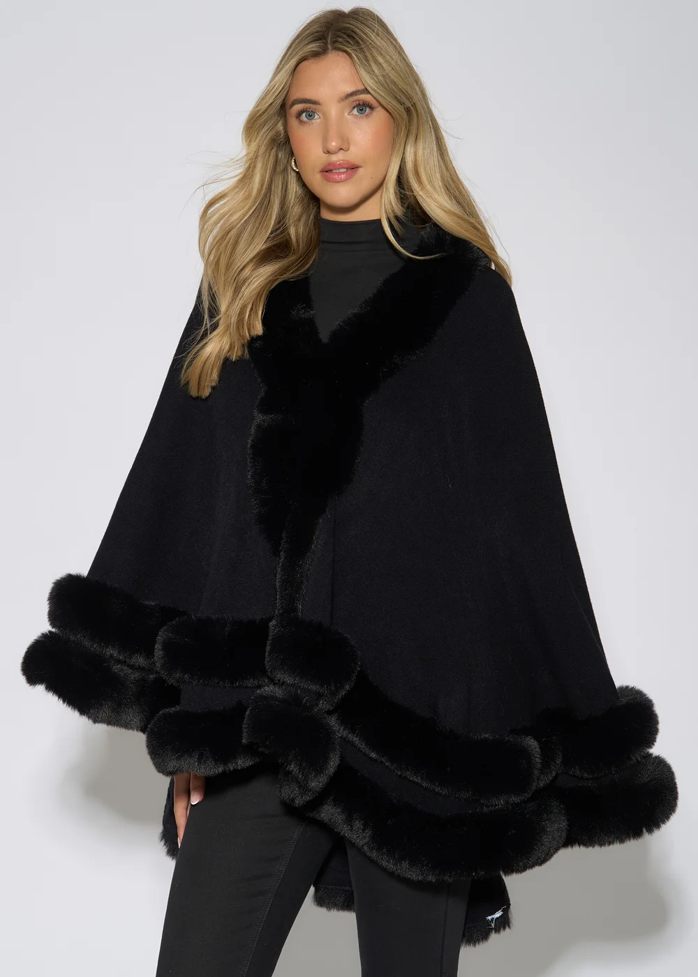 Gini London Black Double Layer Fur Trim Cape - L/XL Image 3