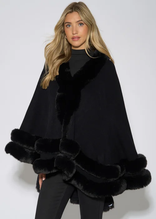 Gini London Black Double Layer Fur Trim Cape - L/XL Image 3