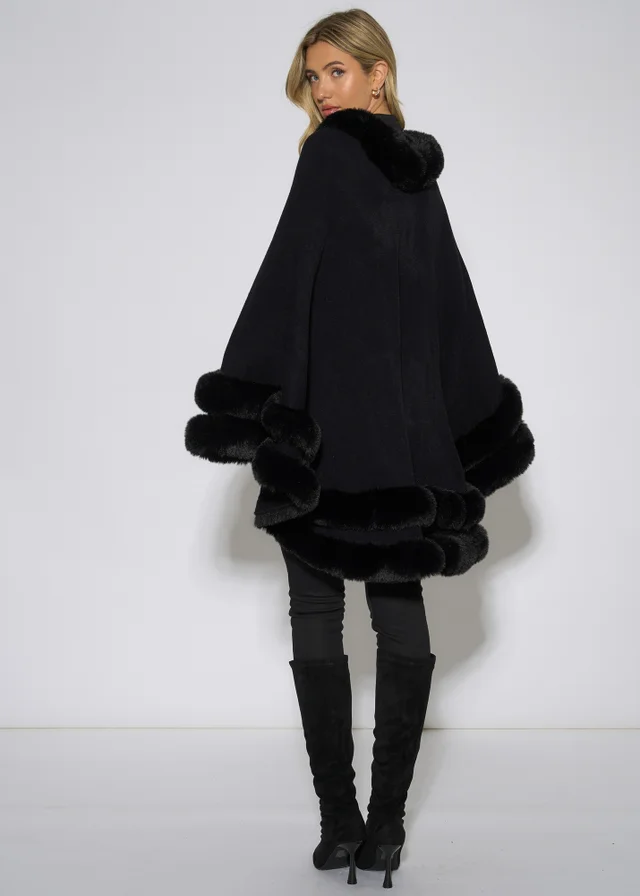 Gini London Black Double Layer Fur Trim Cape