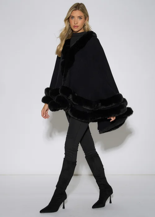Gini London Black Double Layer Fur Trim Cape - L/XL Image 4