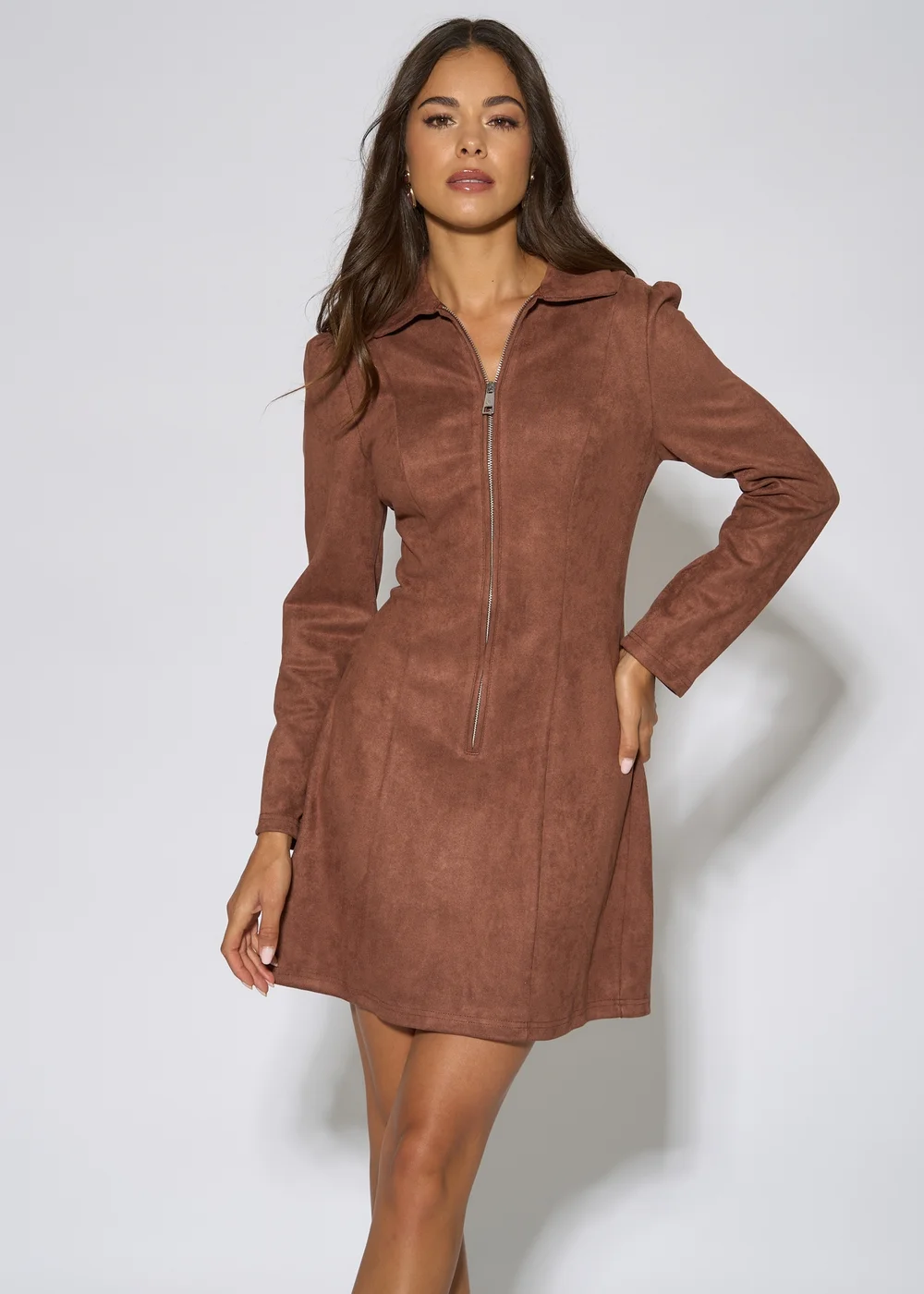 Gini London Brown Faux Suede Zip Front Mini Dress - 16 Image 3