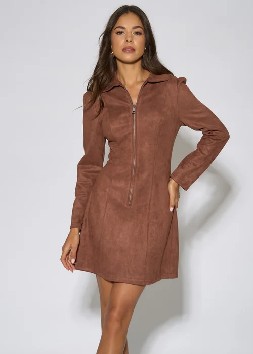 Gini London Brown Faux Suede Zip Front Mini Dress - 16 Image 3